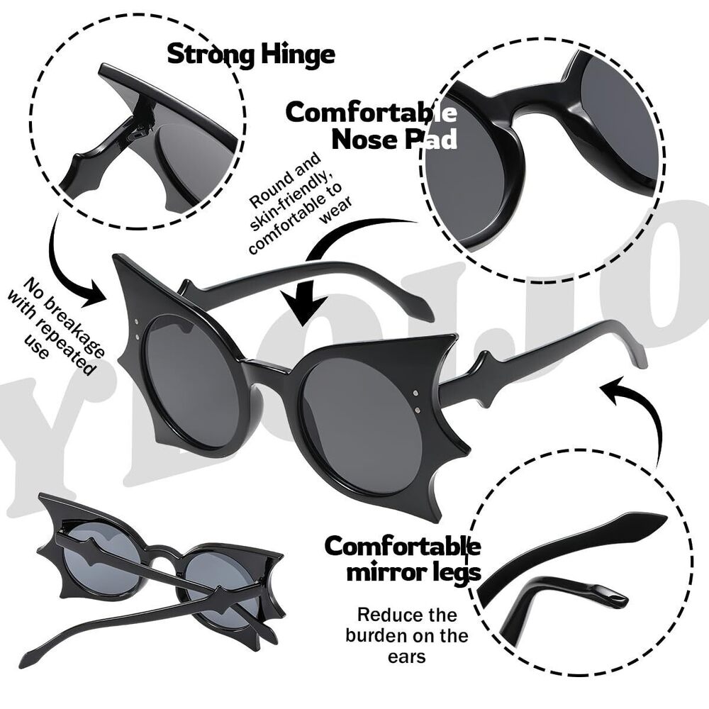 8920 Bat Sunglasses Retro Punk Hip Hop Style Black Sunglasses for Halloween - Picture 3 of 6